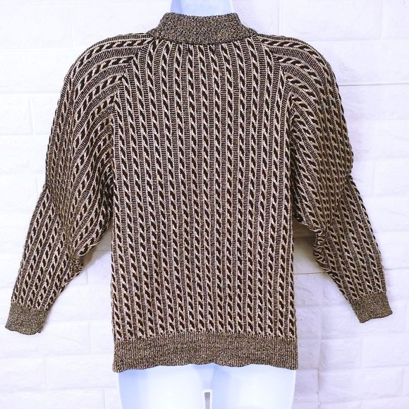 Vintage 80s Jeanne Pierre Metallic Cable Knit Sweater -M Wool/Angora Gold Black - Picture 9 of 10